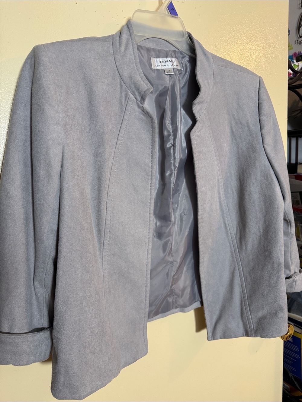 Tahari ASL Light Gray Suede-Style Open Front Blazer